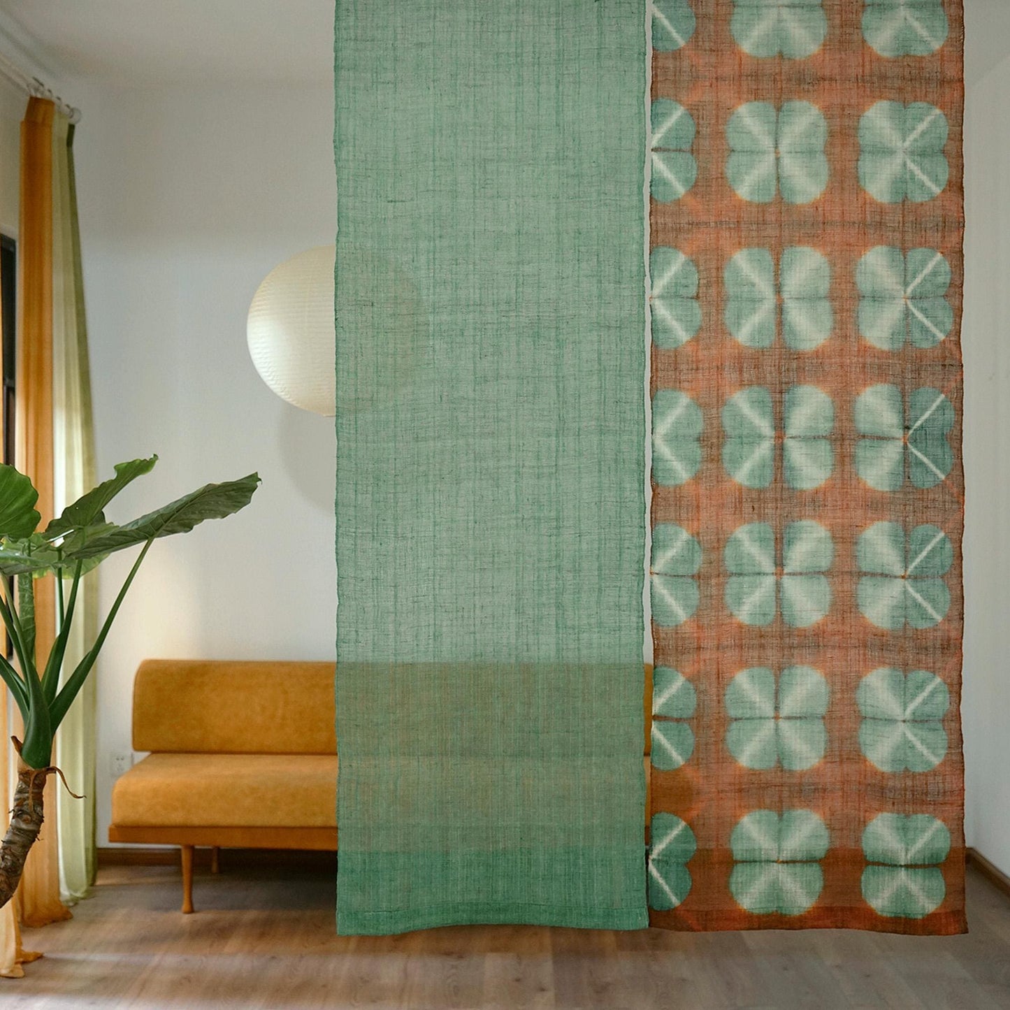 Ramie cloth panel 'Clover Green' — handmade plant-dyed ramie for room divider or curtain.