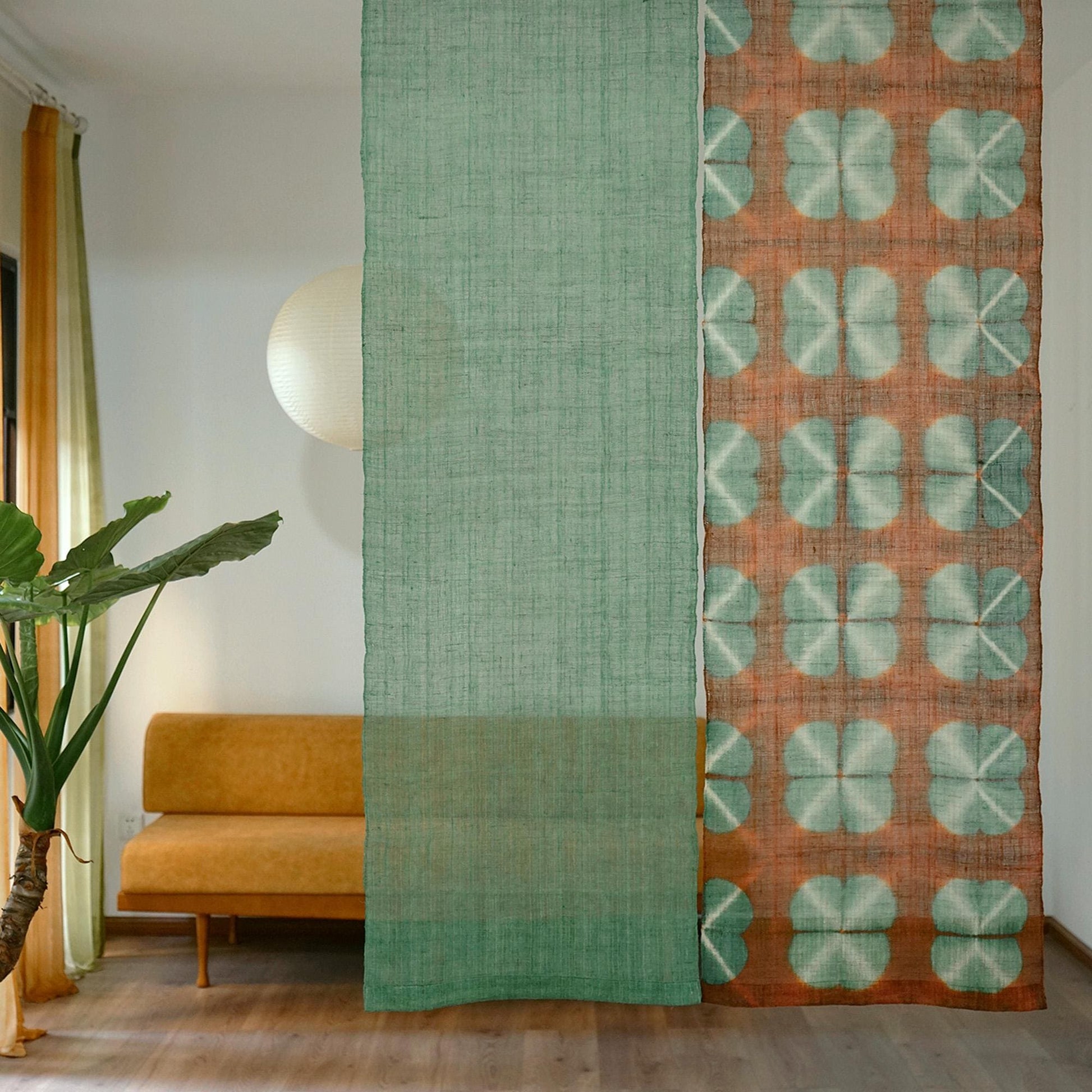 Ramie cloth panel 'Clover Green' — handmade plant-dyed ramie for room divider or curtain.