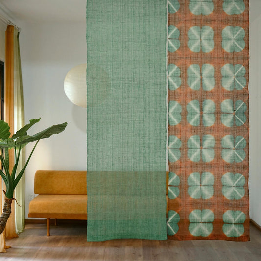 Ramie cloth panel 'Clover Green' — handmade plant-dyed ramie for room divider or curtain.