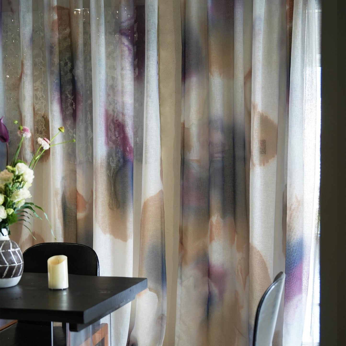 lifestyle scene with Pattern Drapery — Mist Grey creating a soft, airy room partition