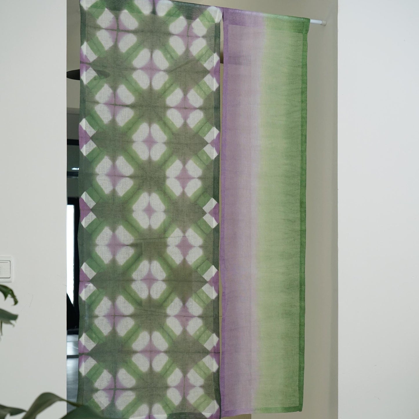 styled room scene with Motif Linen Noren — Purple Green used as a window or doorway curtain