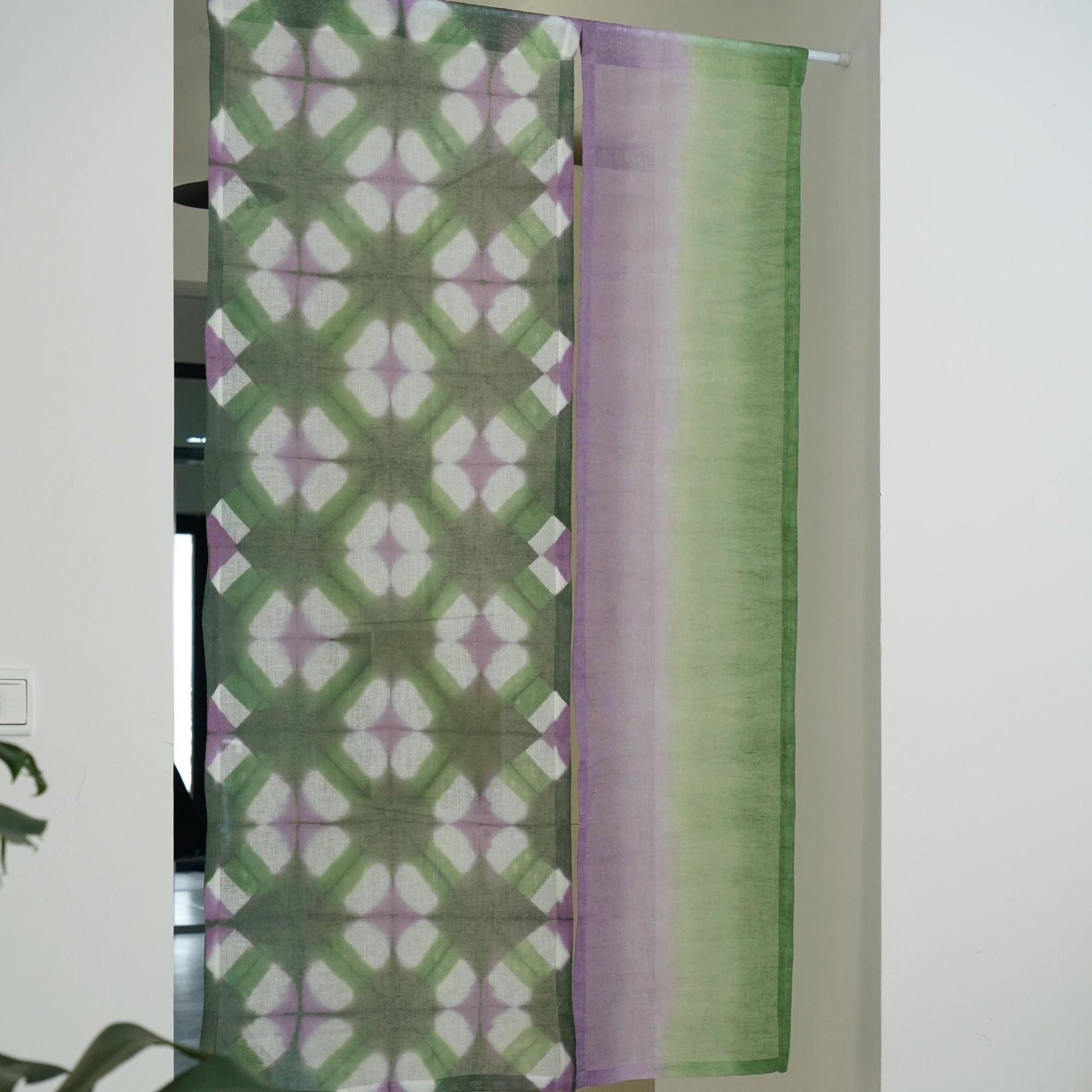 styled room scene with Motif Linen Noren — Purple Green used as a window or doorway curtain