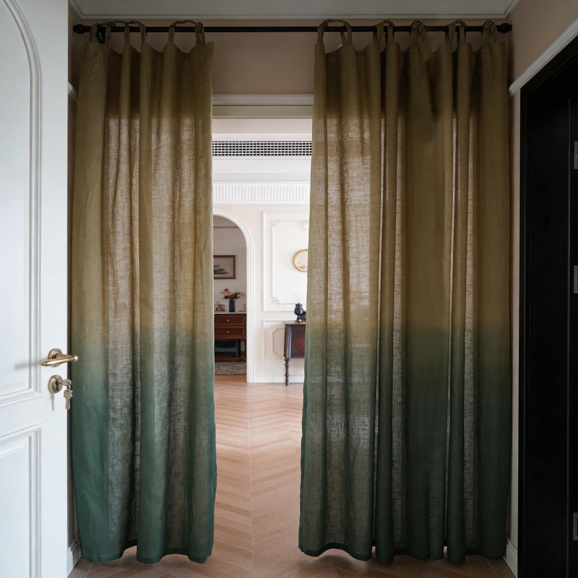 Linen curtain panel 'Deep Teal' — handmade plant-dyed linen for doorway or room divider.