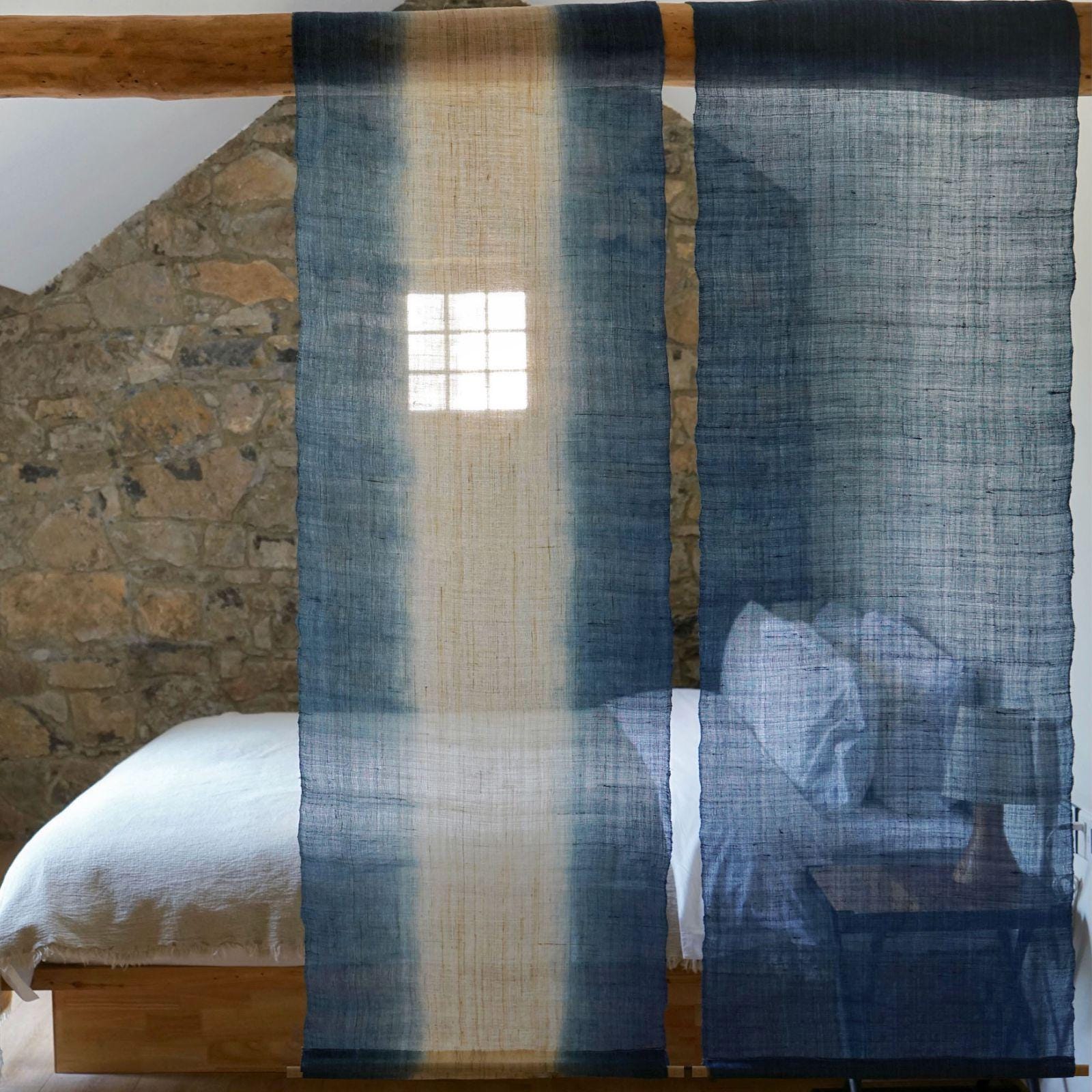 Ramie ombre textile 'Deep Blue' — hand-dyed gradient plant-dyed ramie panel.