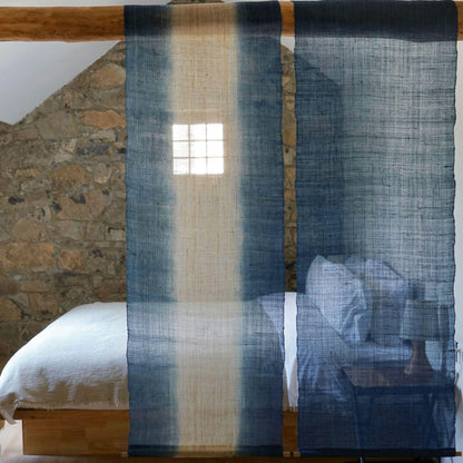 Ramie ombre textile 'Deep Blue' — hand-dyed gradient plant-dyed ramie panel.