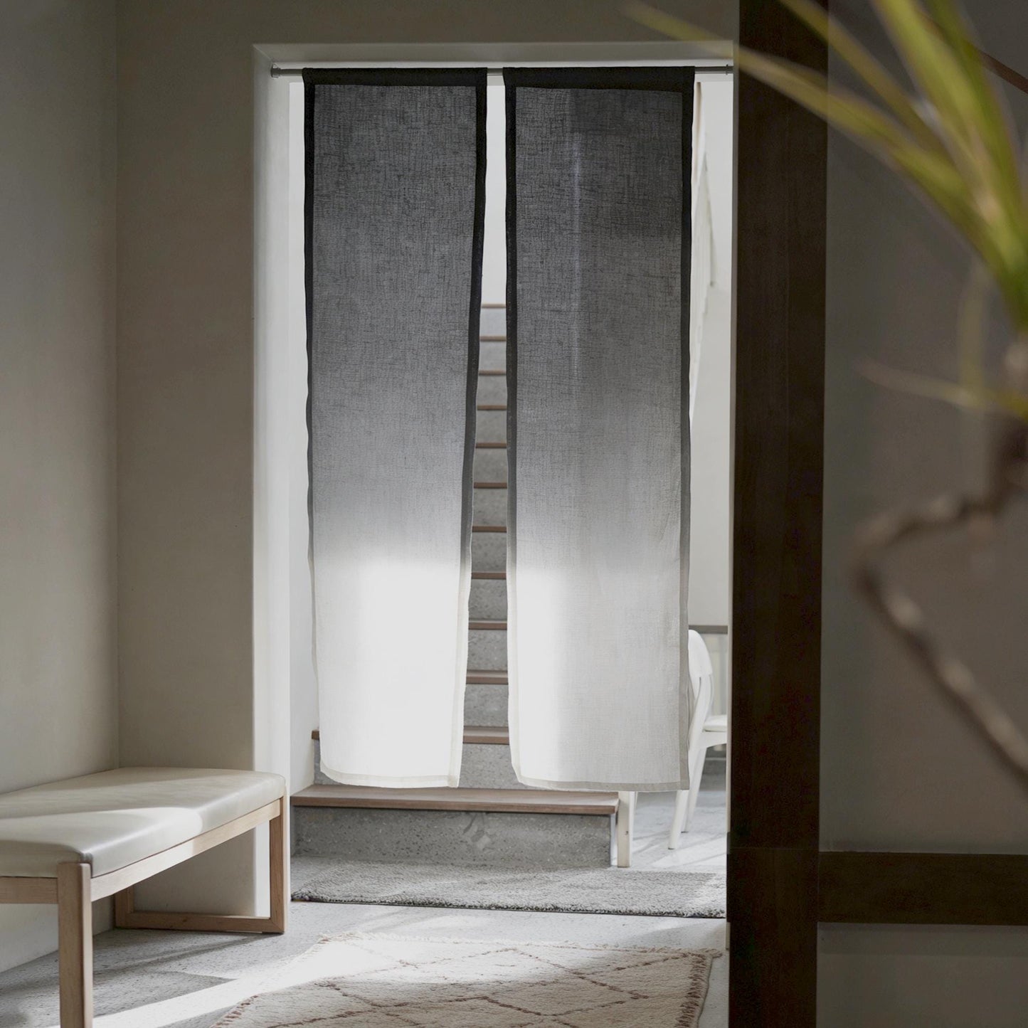 Minimalist Japanese noren 'Ink Grey' — soft handmade plant-dyed linen doorway curtain.