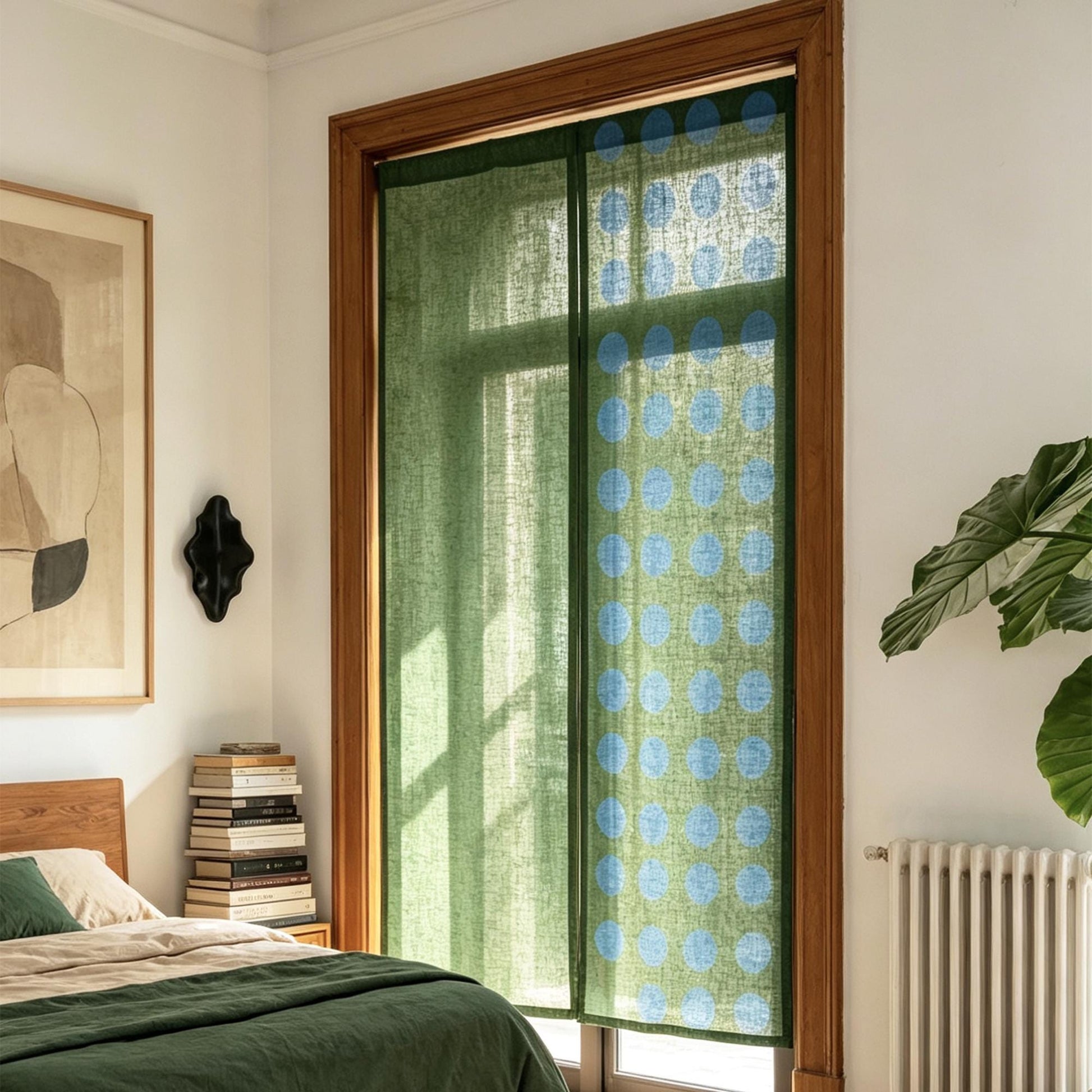 detail view of Polka Dot Linen Noren — Green / Dots showing plant-dyed linen texture and pattern