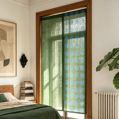 detail view of Polka Dot Linen Noren — Green / Dots showing plant-dyed linen texture and pattern