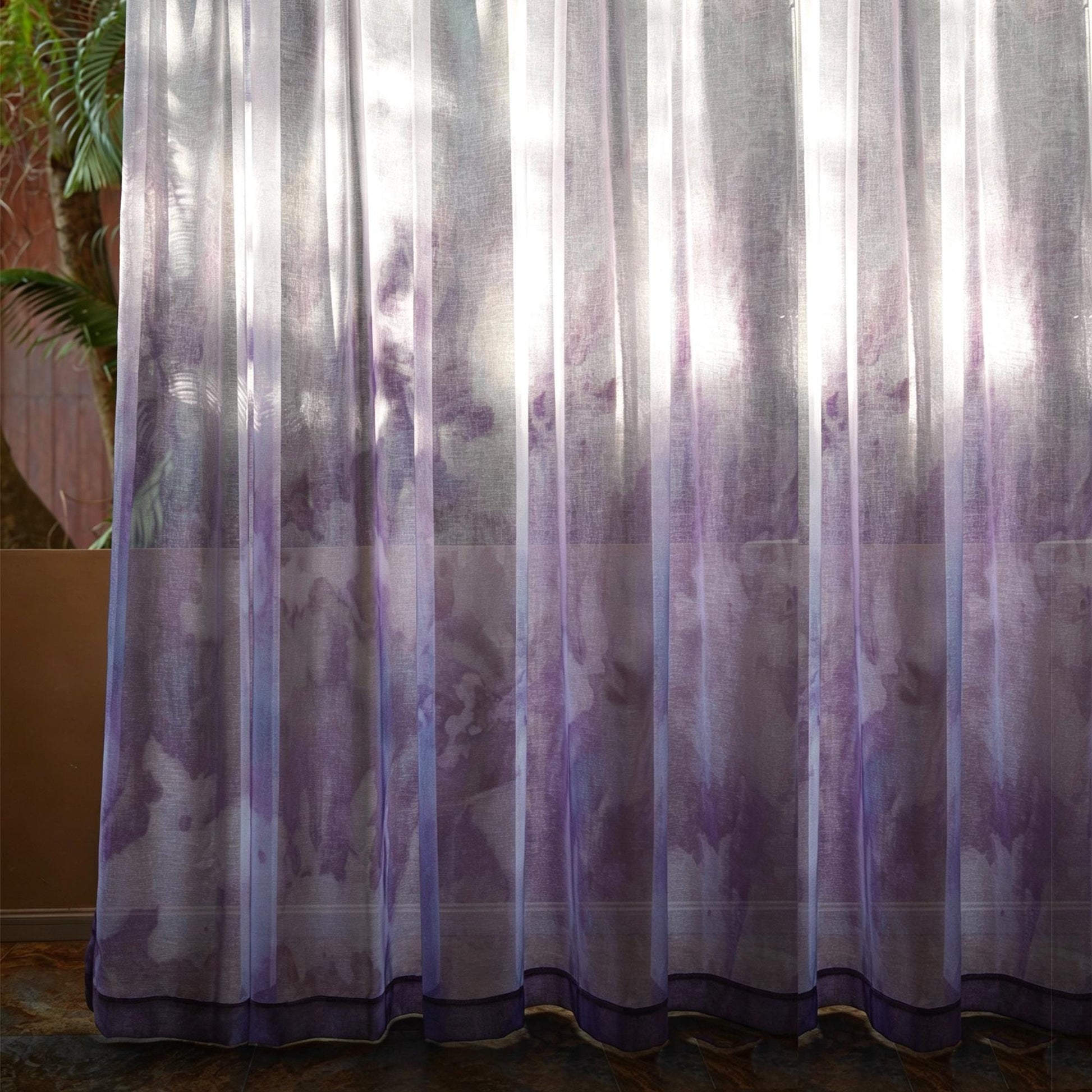 Pattern Drapery — Purple Haze dressing tall windows in a styled living room