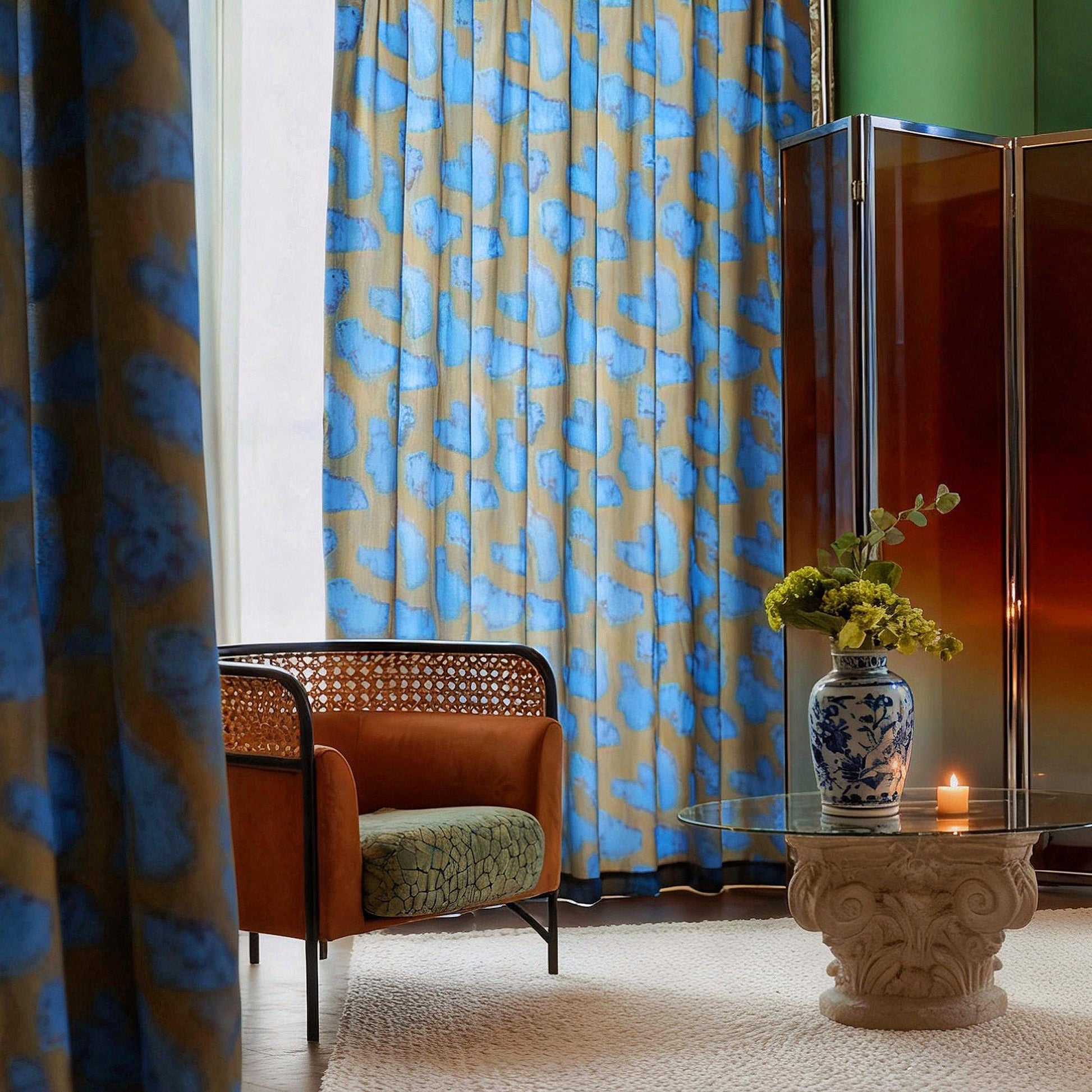 Pattern Drapery — Deep Blue shown in a bedroom interior with soft natural light