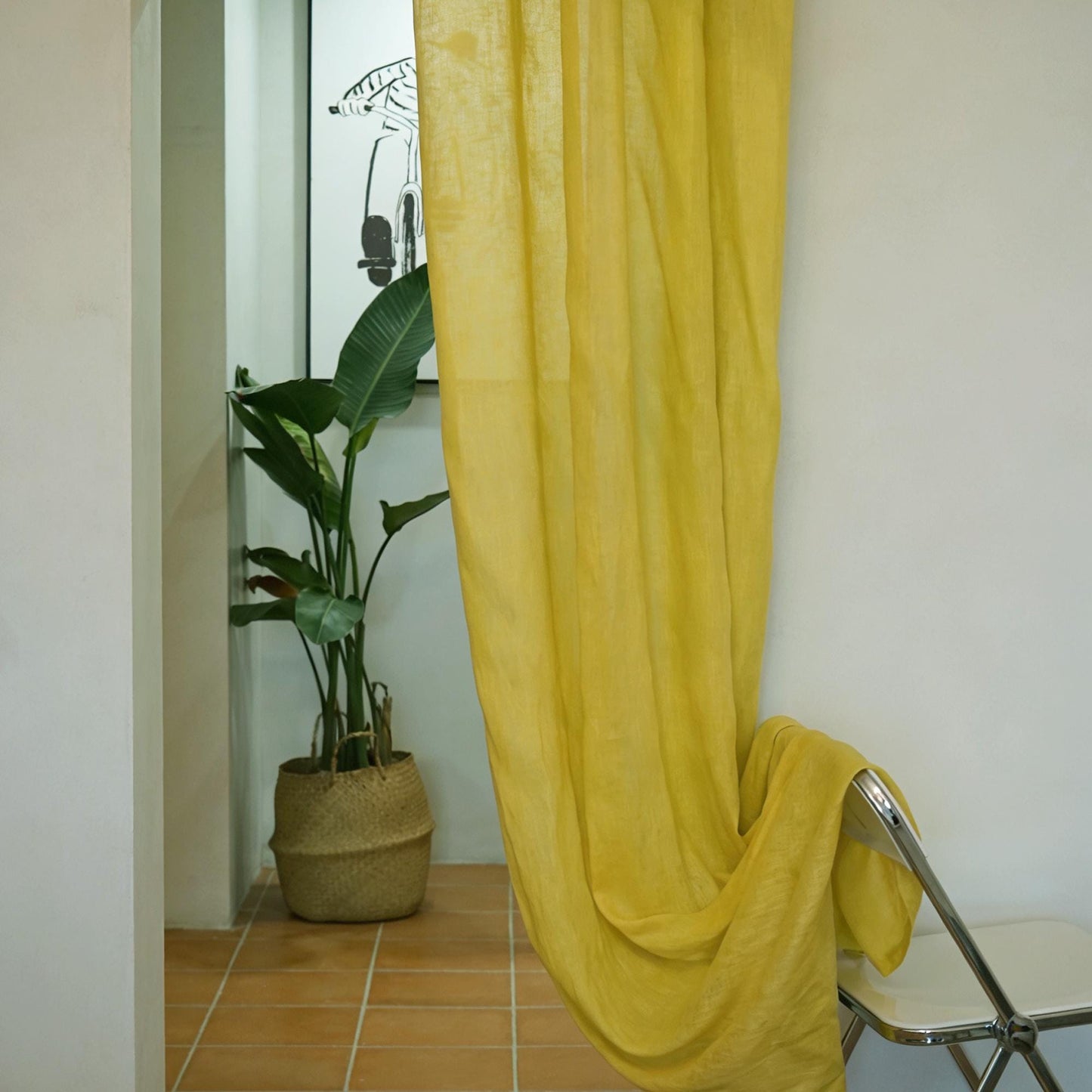 room scene with Linen Panel — Citron Yellow used as sheer curtains in a living space