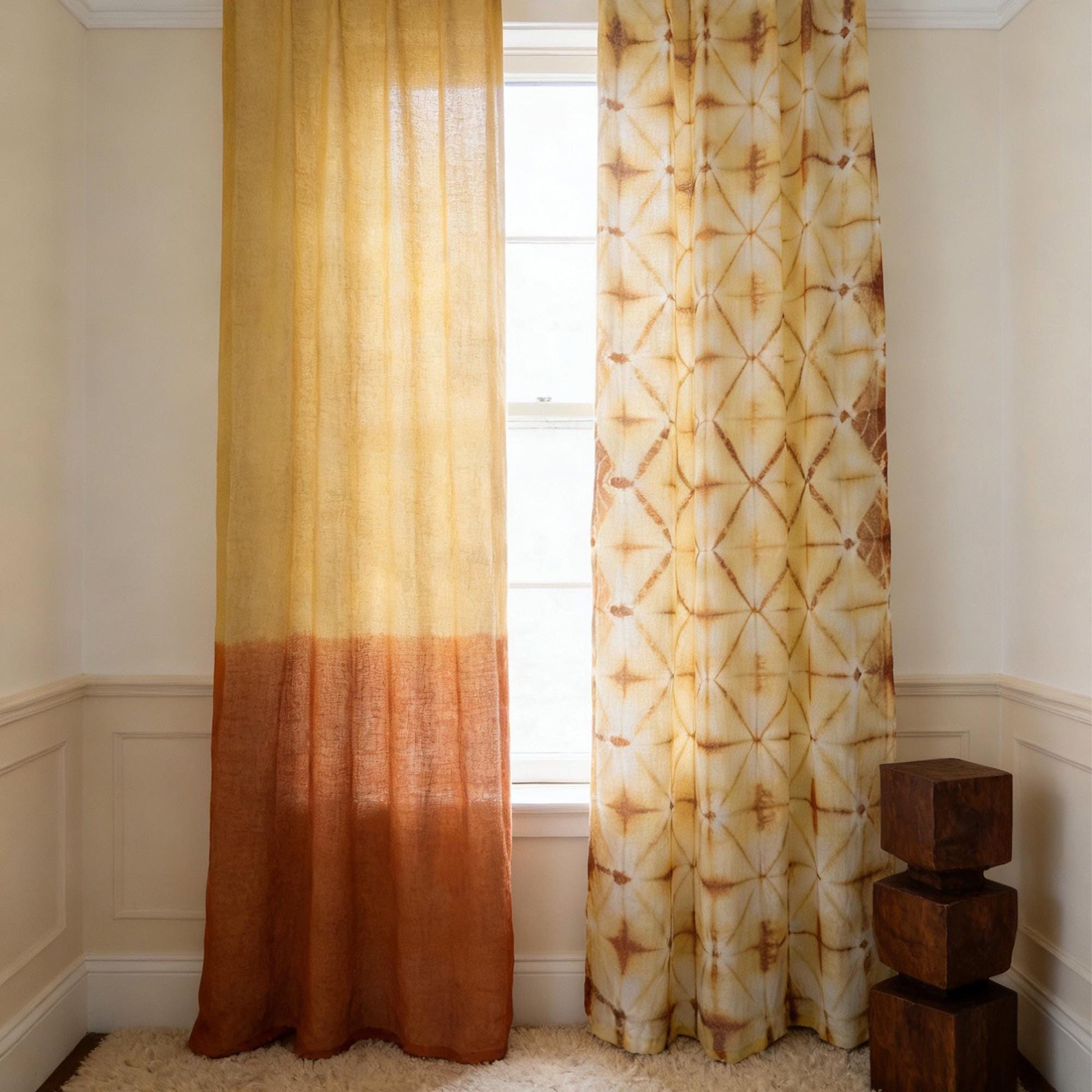 Linen Panel — Oat Dots hanging by a window, filtering daylight in a styled interior