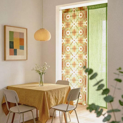 Plant-dyed linen noren 'Green Bloom' — handmade Japanese doorway curtain with botanical motif.