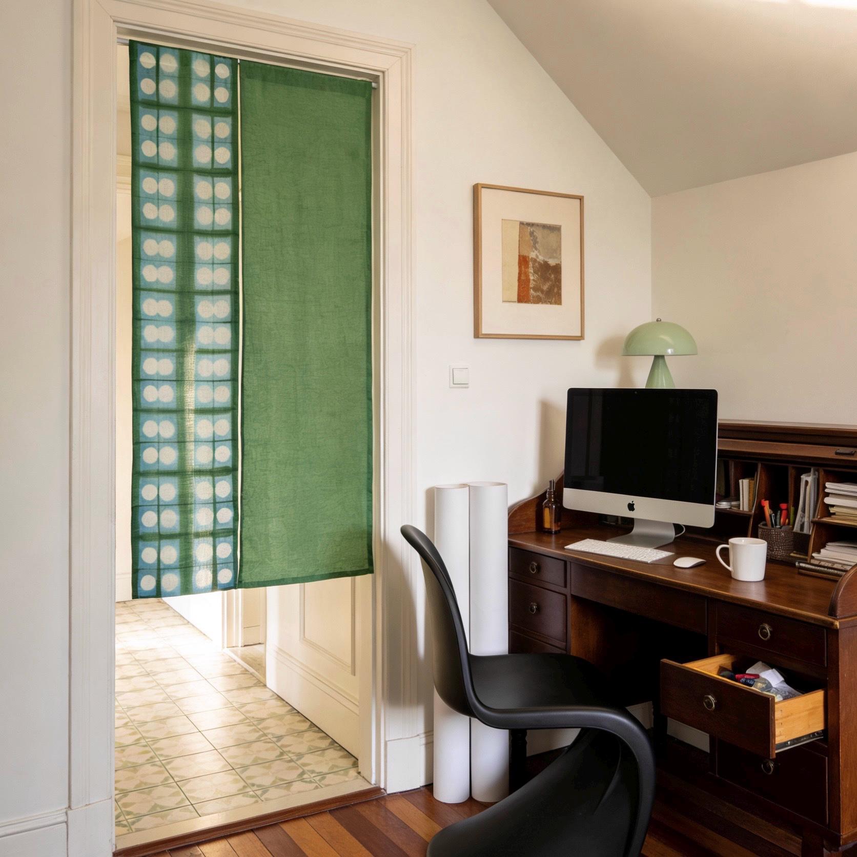 Plant-dyed linen noren 'Soft Moss' — handmade Japanese doorway curtain with botanical motif.