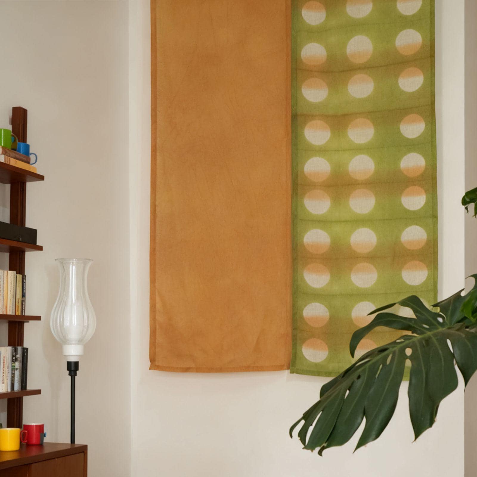 detail view of Polka Dot Linen Noren — Golden / Green showing plant-dyed linen texture and pattern