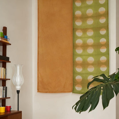 detail view of Polka Dot Linen Noren — Golden / Green showing plant-dyed linen texture and pattern