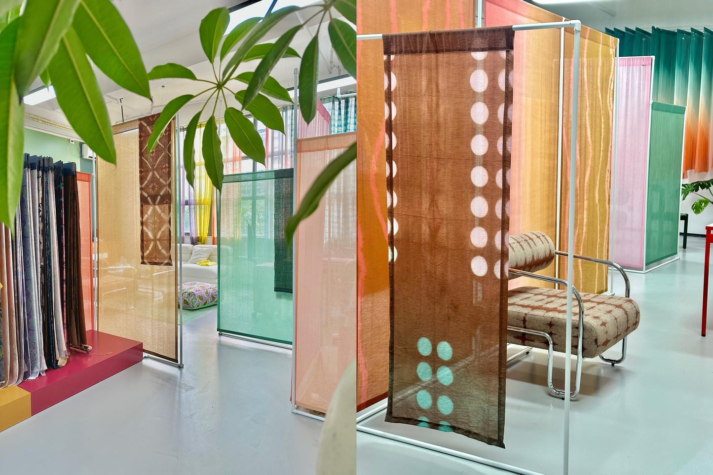 room scene with TESTsheer as window curtains with greenery outside