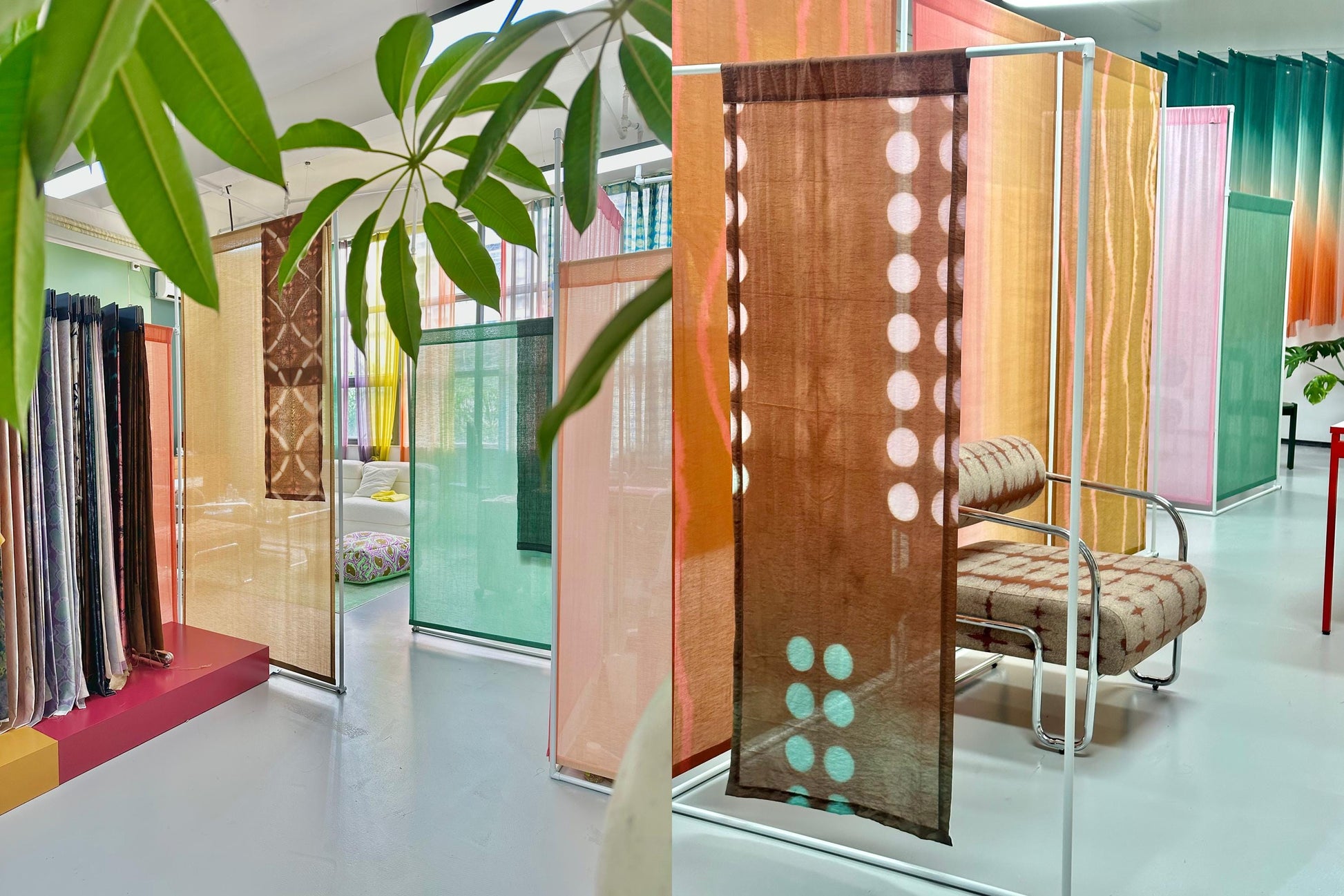 room scene with TESTsheer as window curtains with greenery outside
