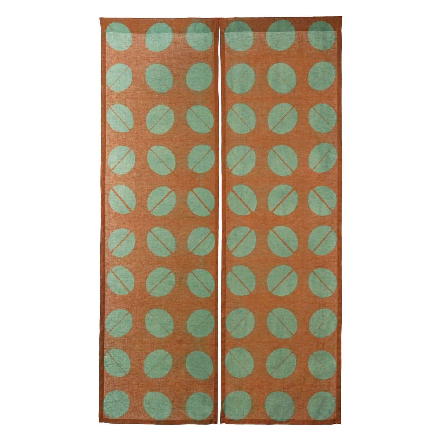 alternate angle of Motif Linen Noren — Coffee Beans hanging as a two-panel doorway curtain