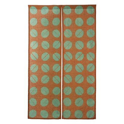 alternate angle of Motif Linen Noren — Coffee Beans hanging as a two-panel doorway curtain