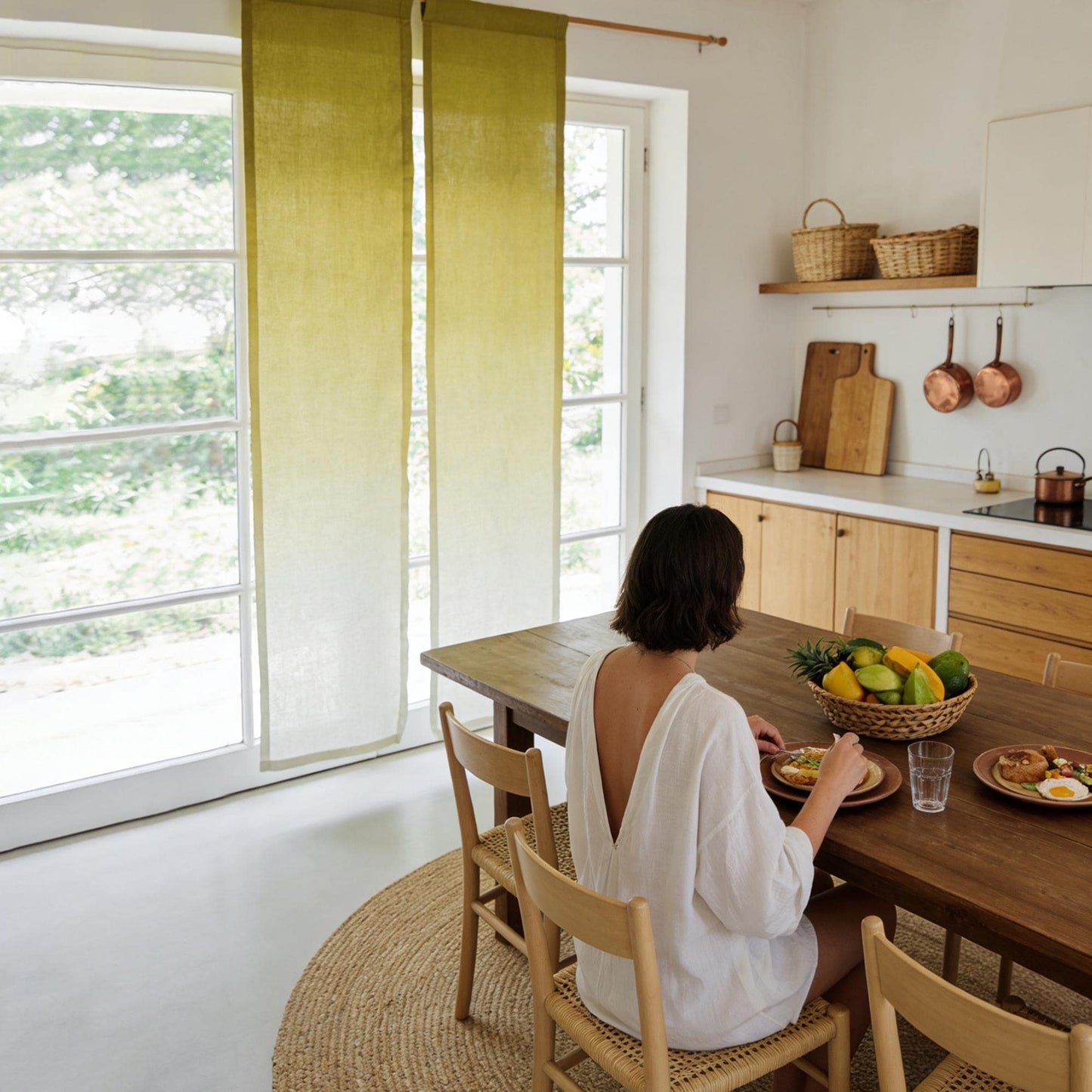 alternate angle of Soft Tone Noren — Yellow White hanging as a two-panel doorway curtain