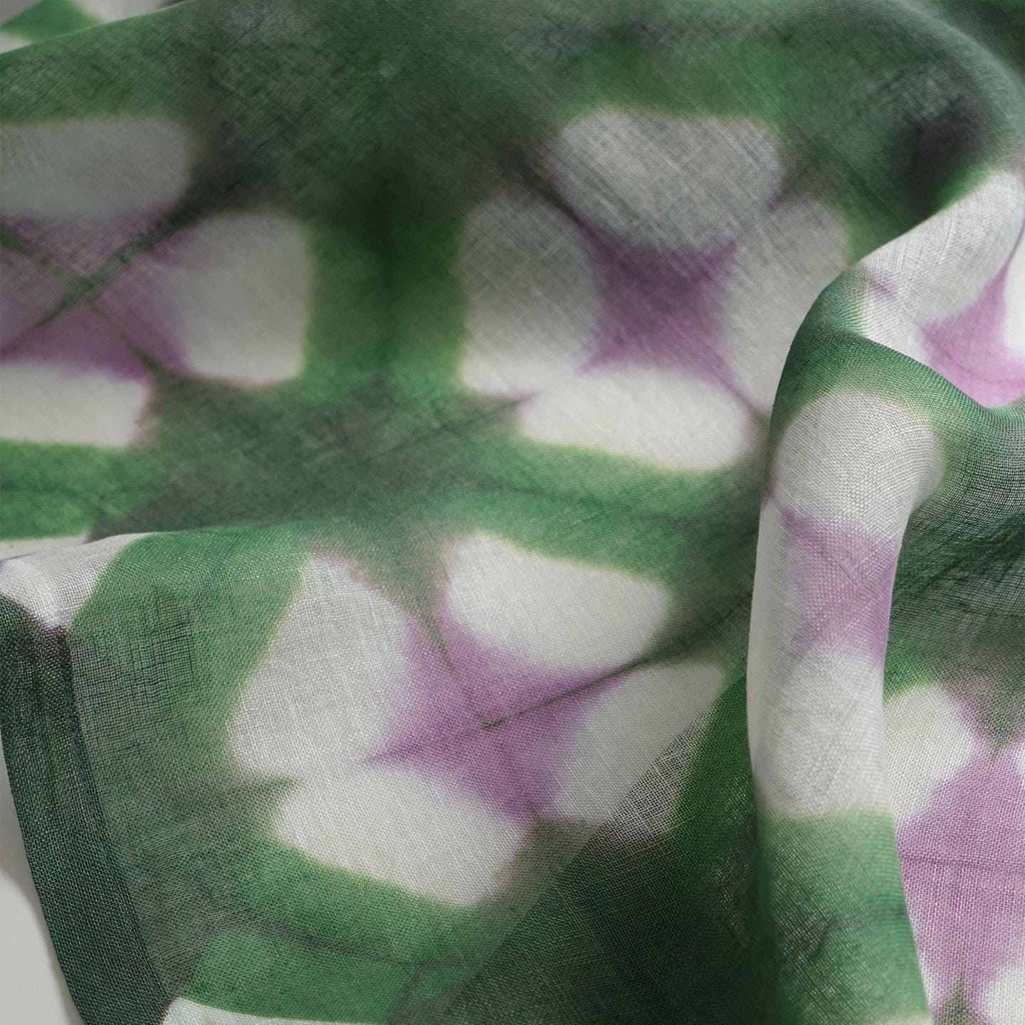 alternate angle of Motif Linen Noren — Purple Green hanging as a two-panel doorway curtain