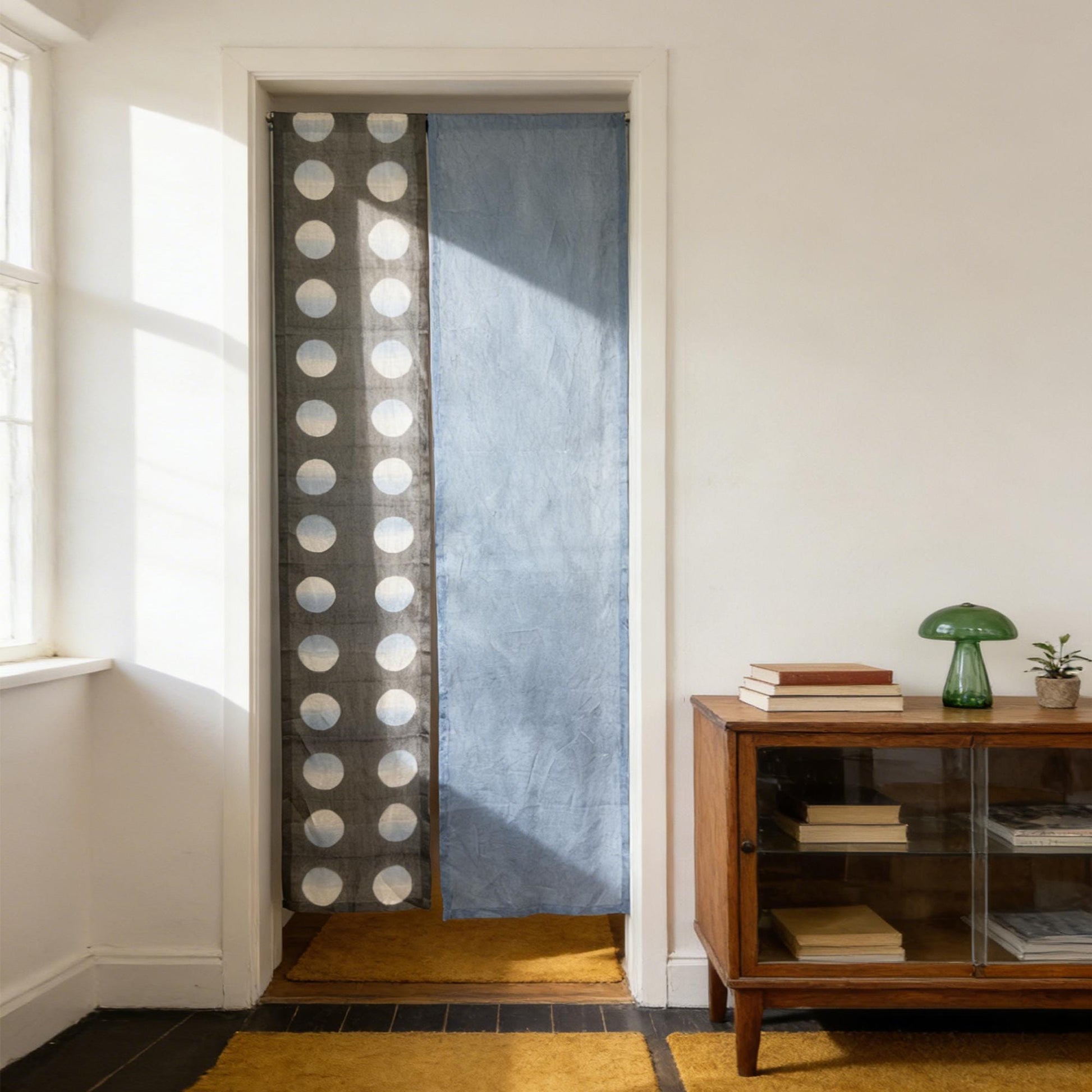 detail view of Polka Dot Linen Noren — Grey / Blue showing plant-dyed linen texture and pattern