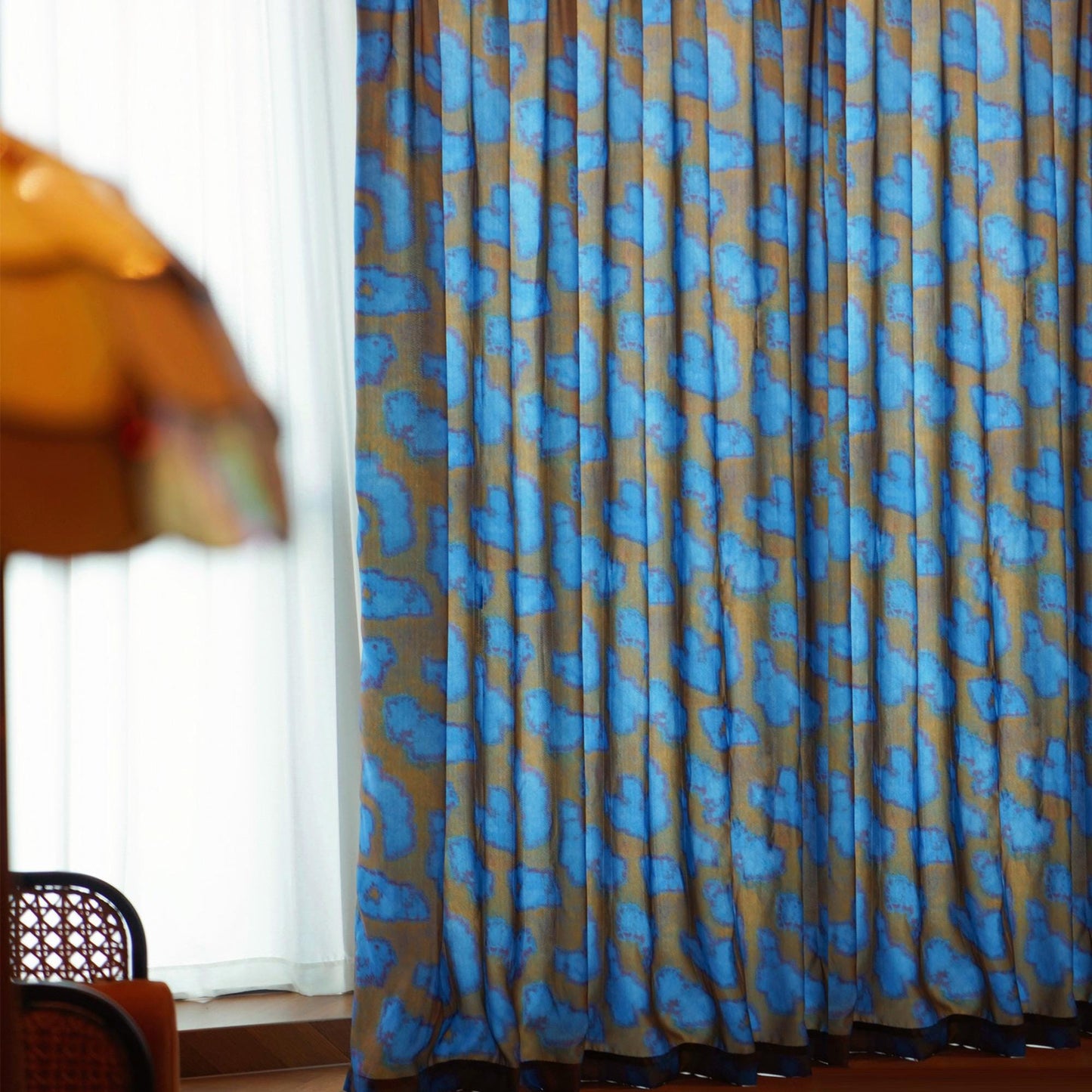 detail view of Pattern Drapery — Deep Blue showing plant-dyed pattern and sheer drape