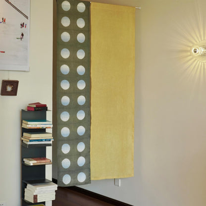 Hand dyed linen noren curtain 'Grey / Yellow' — playful polka dot Japanese doorway curtain.