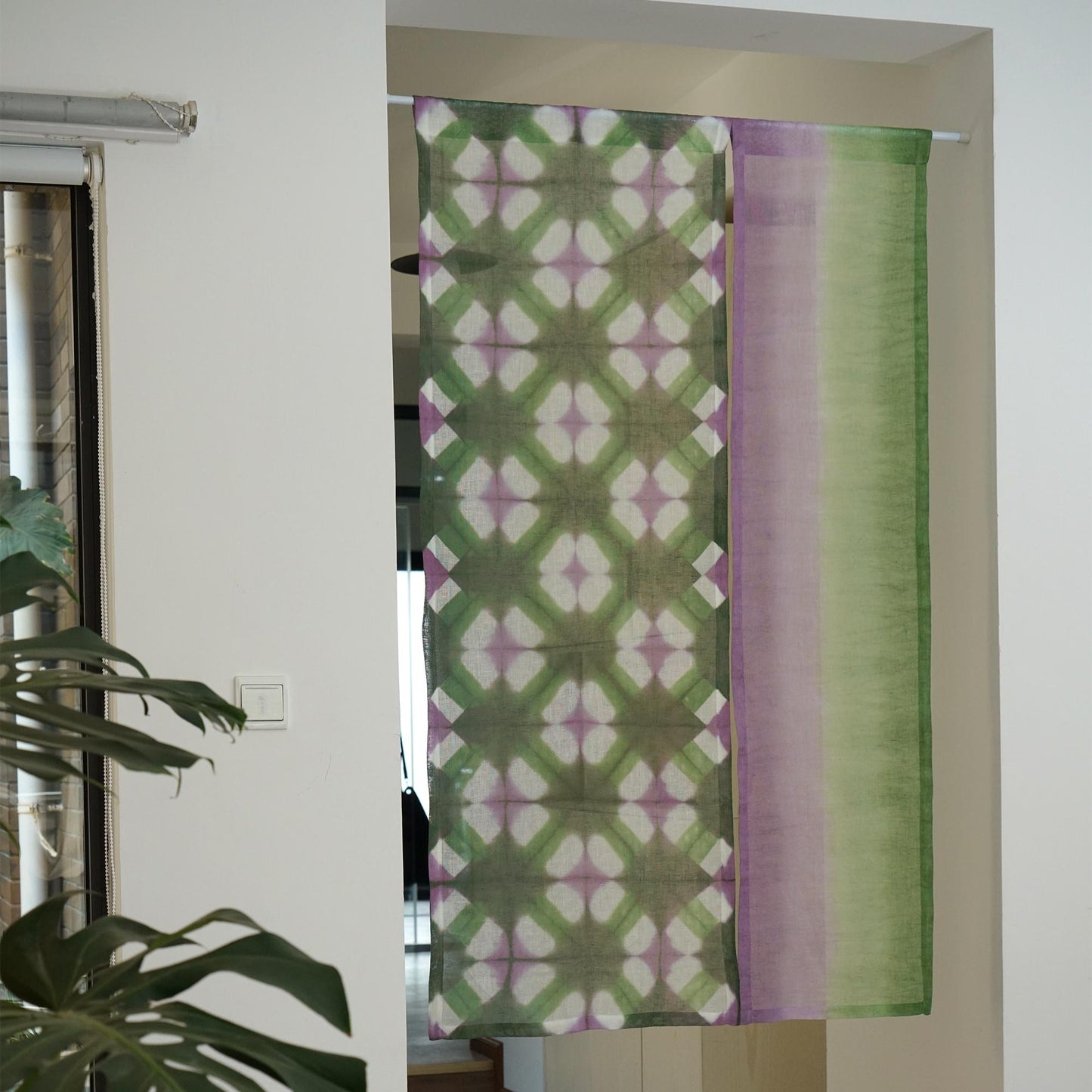 detail view of Motif Linen Noren — Purple Green showing plant-dyed linen texture and pattern