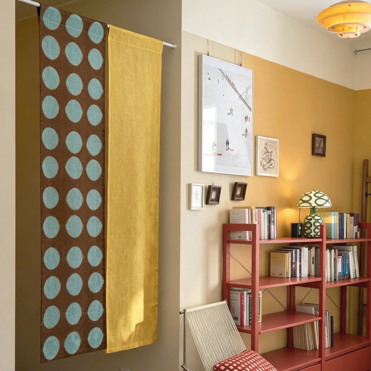 Hand dyed linen noren curtain in yellow and coffee, hanging in a doorway as a room divider
