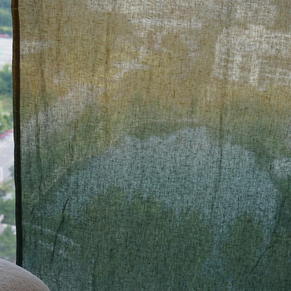 Linen Panel — Deep Teal hanging by a window, filtering daylight in a styled interior