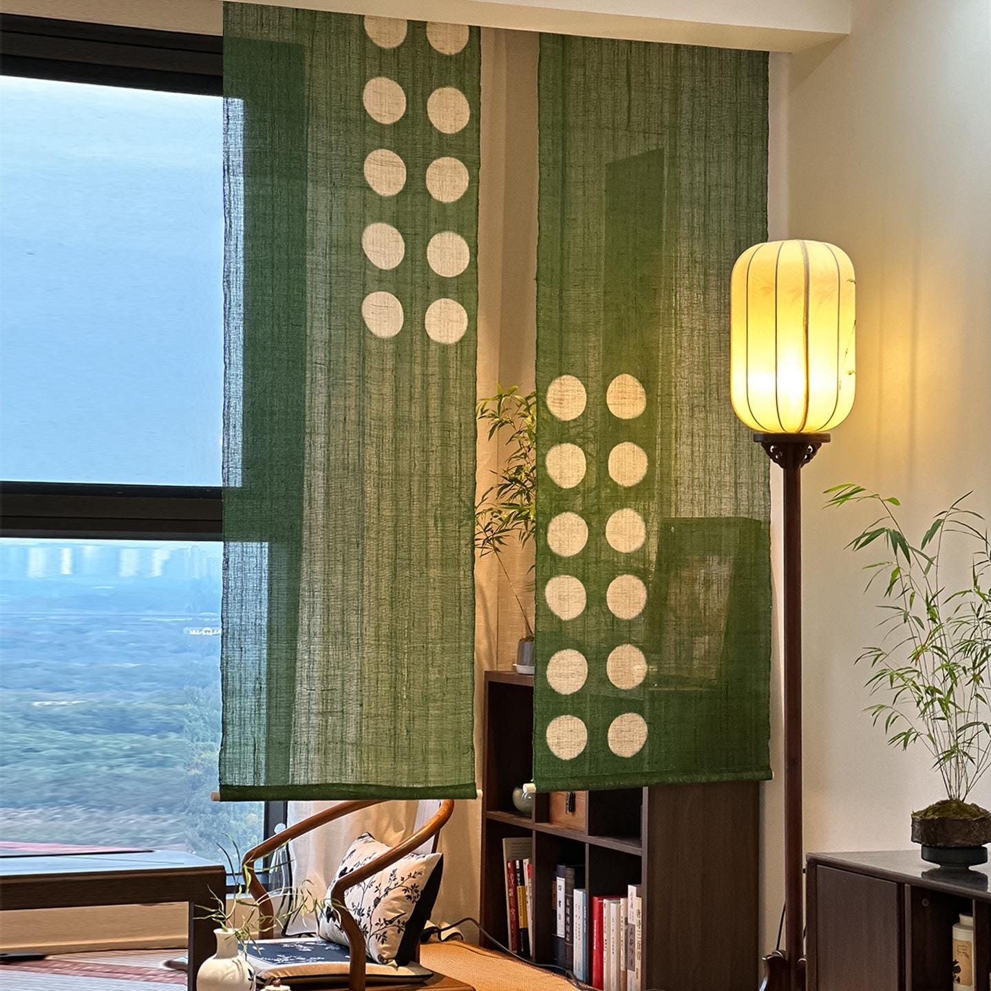 Ramie cloth panel 'Green Dots' — handmade plant-dyed ramie for room divider or curtain.