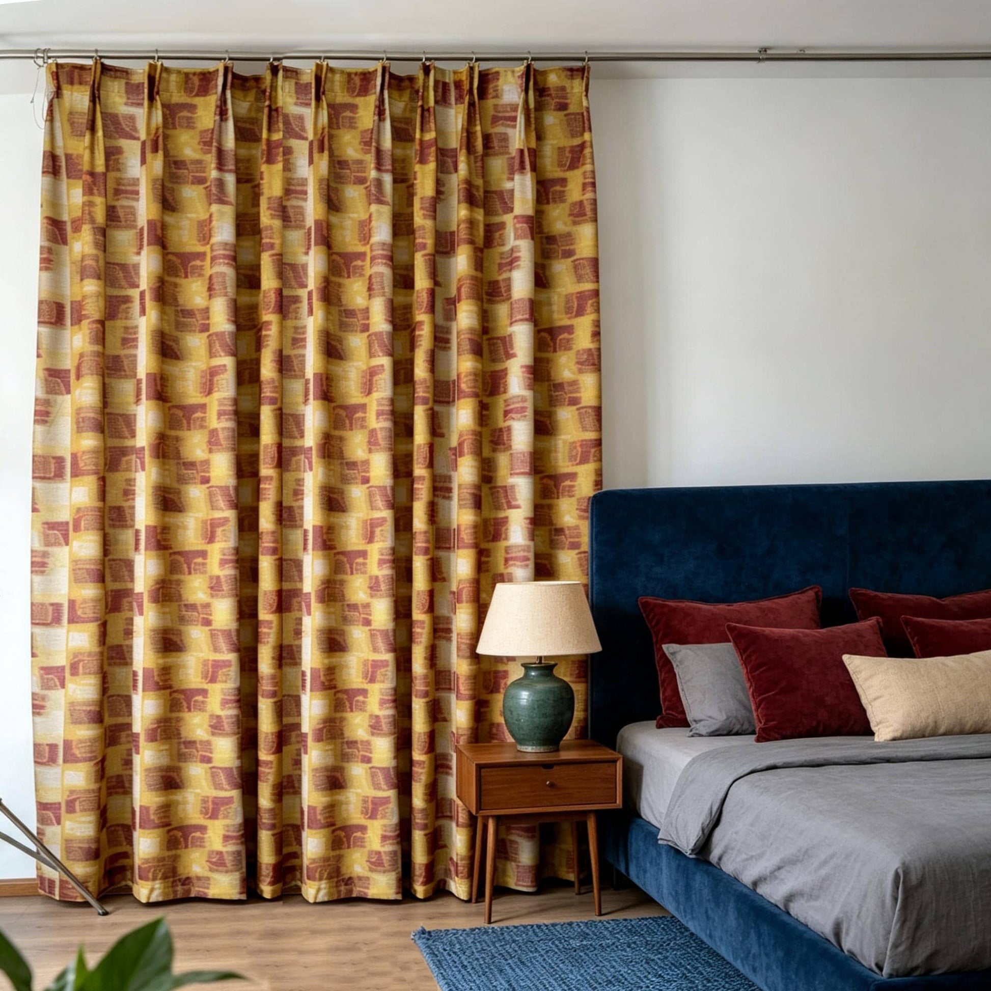 Linen drapes 'Golden Ochre' — handmade plant-dyed semi-sheer botanical window curtain.
