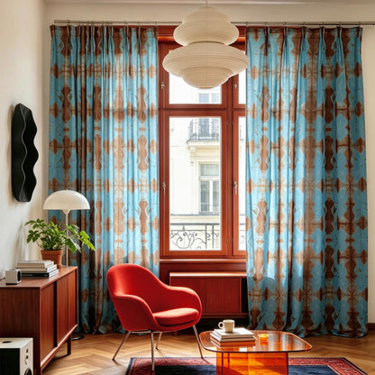 Linen drapes 'Red Blue' — handmade plant-dyed semi-sheer botanical window curtain.