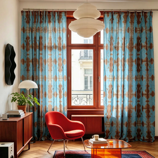 Linen drapes 'Red Blue' — handmade plant-dyed semi-sheer botanical window curtain.