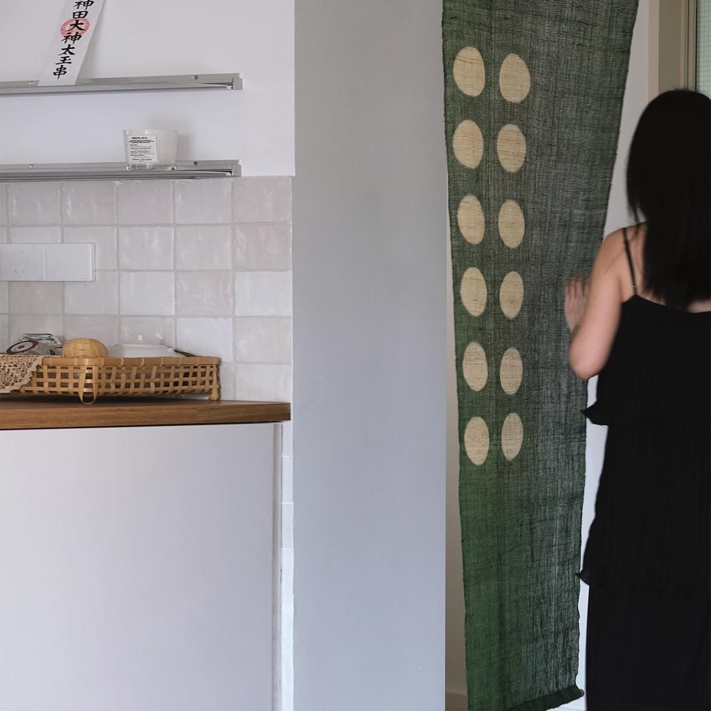 Ramie Cloth — Green Dots displayed as a room divider or wall hanging