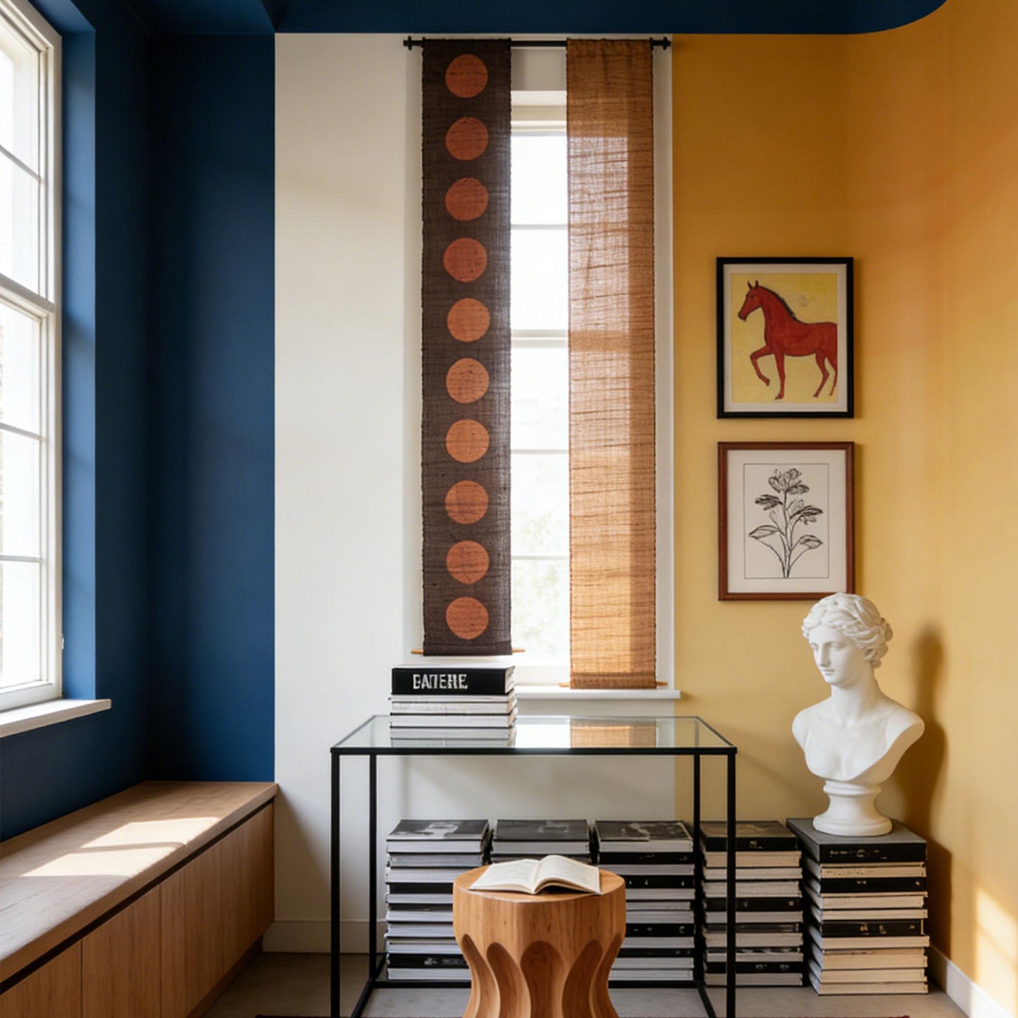 Narrow Ramie — Circles displayed vertically on a wall as a decorative textile banner