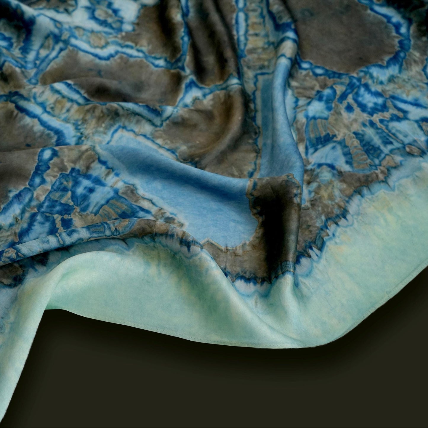 Scarf — Deep Teal styled and worn, showing the natural plant-dyed pattern