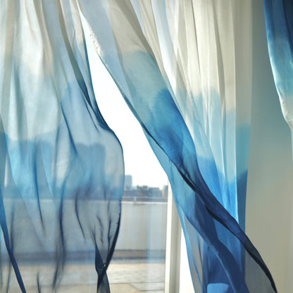 Sheer Curtain — White Blue hung as window curtains in a bright room