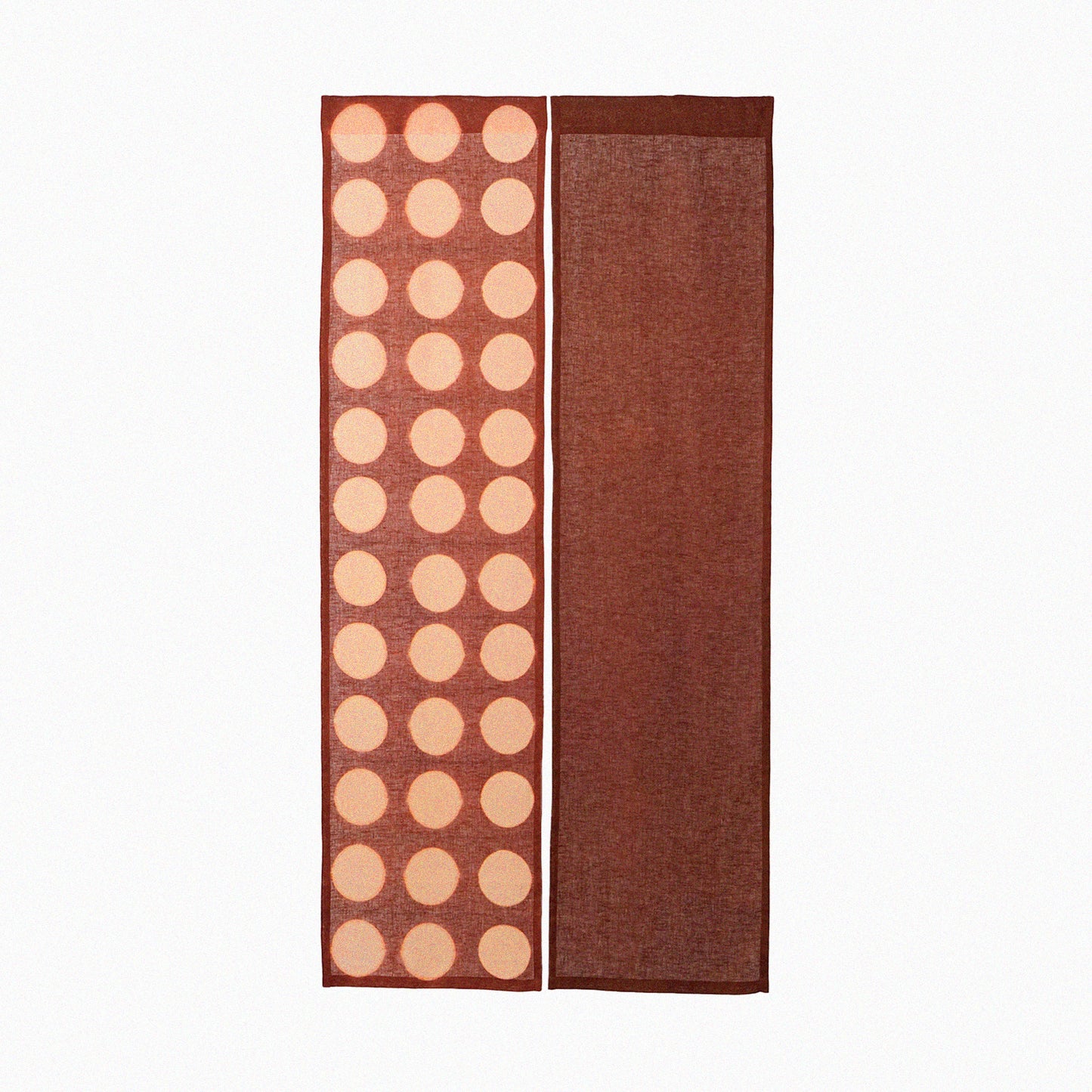 Hand dyed linen noren curtain in pink and red, full view of the hand-dyed linen panel