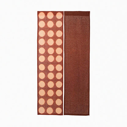 Hand dyed linen noren curtain in pink and red, full view of the hand-dyed linen panel