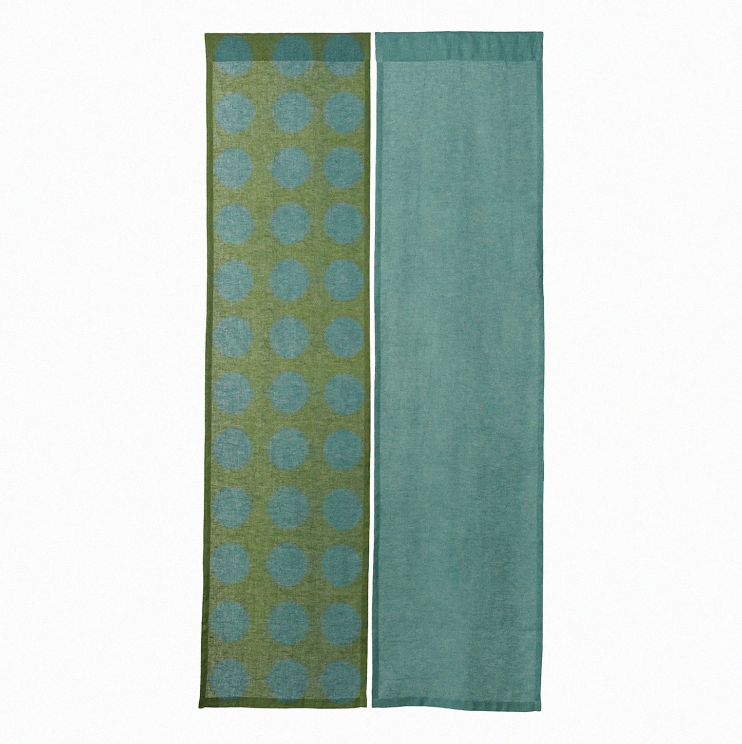 Hand dyed linen noren curtain in blue and green, full view of the hand-dyed linen panel