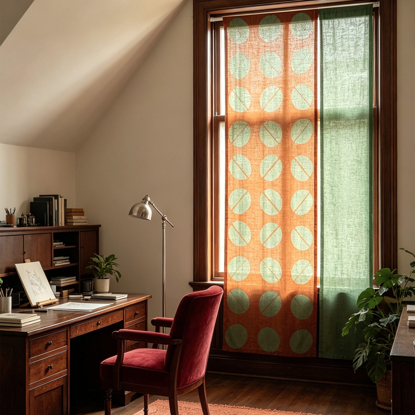 alternate angle of Motif Linen Noren — Coffee Beans hanging as a two-panel doorway curtain