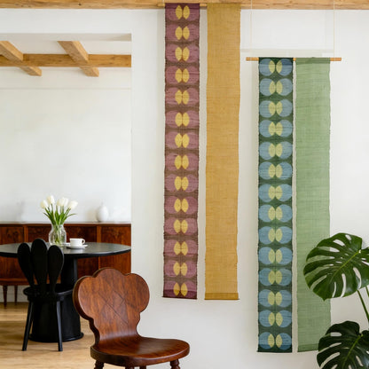 Narrow ramie wall hanging 'Bean Motif' — plant-dyed vertical textile scroll, handmade.