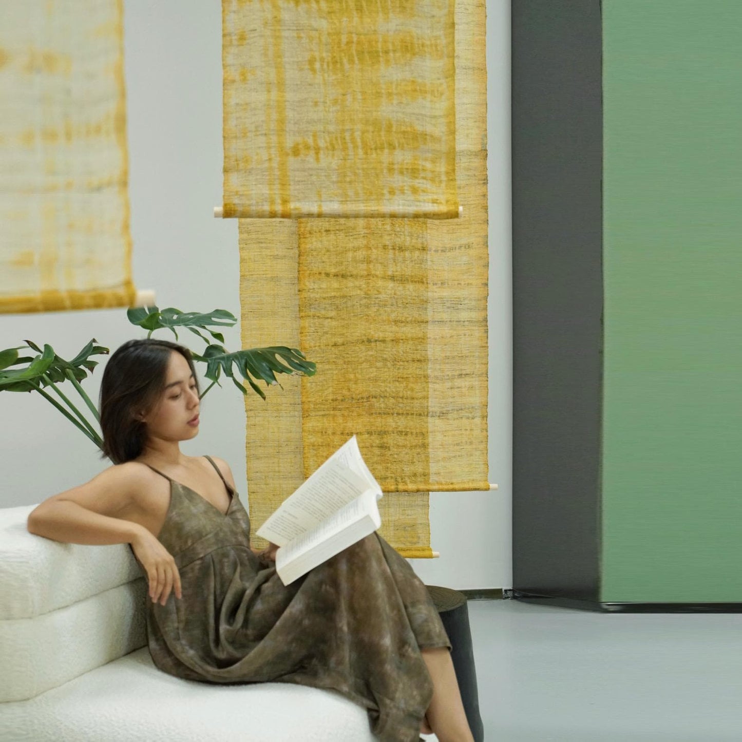 room scene featuring Ramie Ombre — Golden Yellow hung by a window or doorway