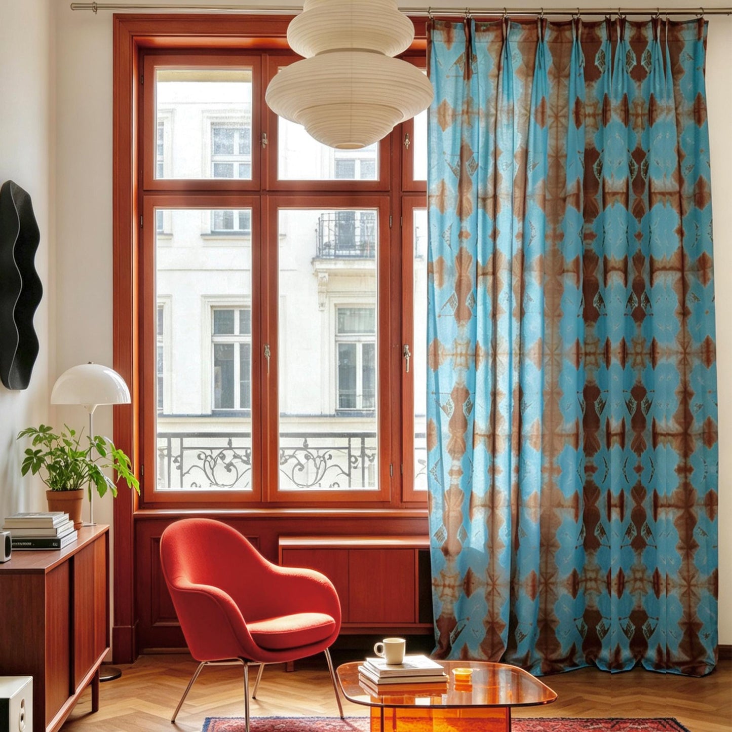 Pattern Drapery — Red Blue shown in a bedroom interior with soft natural light