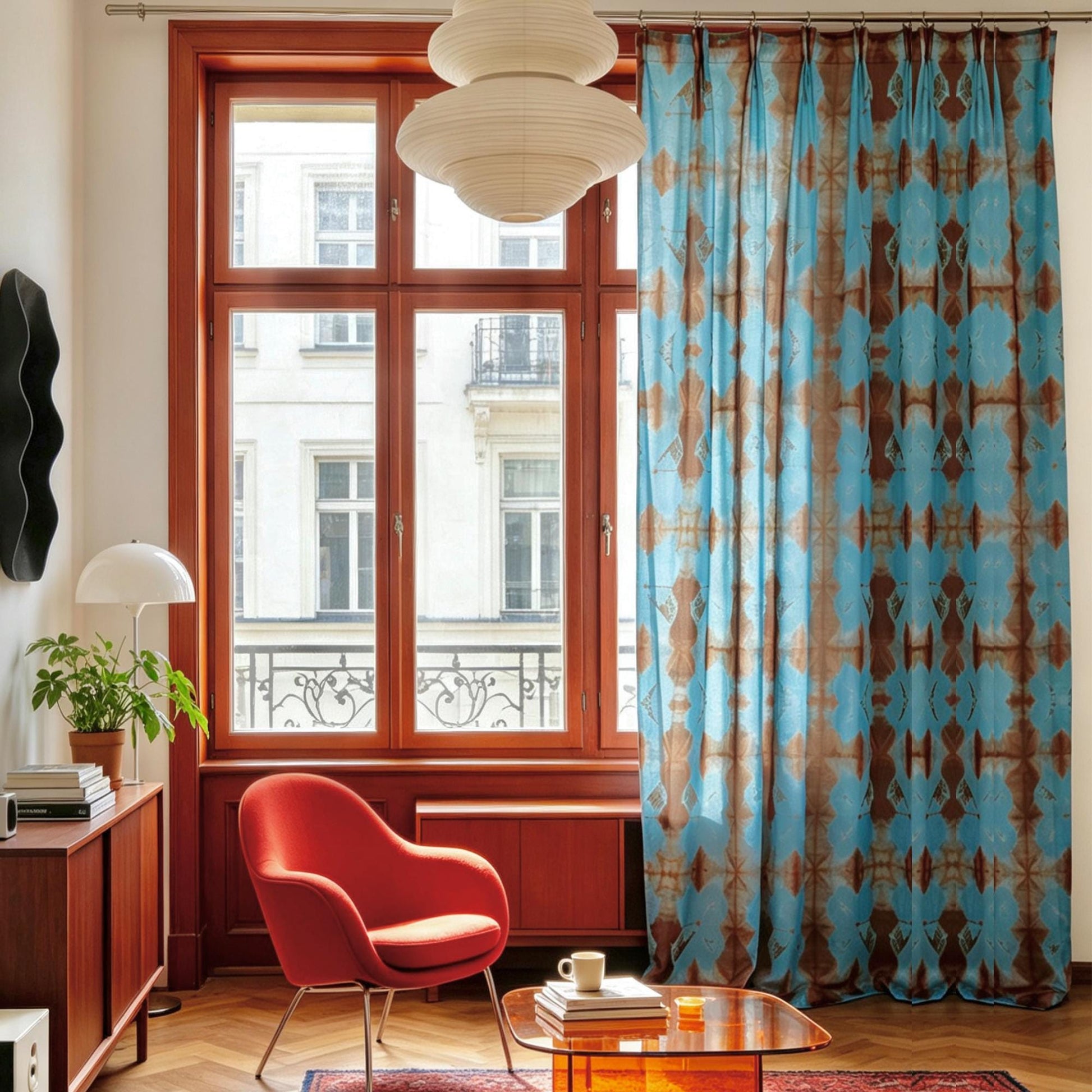 Pattern Drapery — Red Blue shown in a bedroom interior with soft natural light