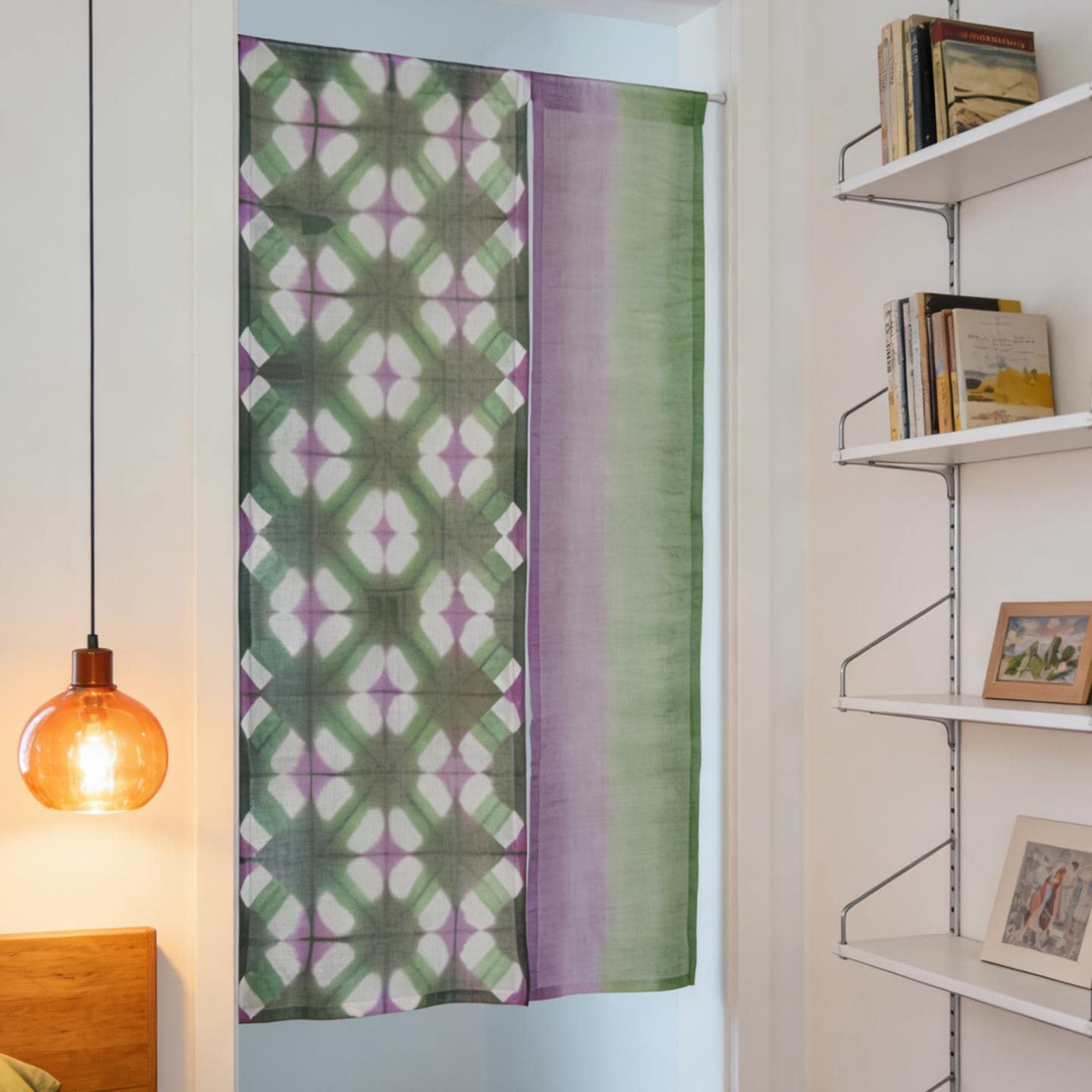 Plant-dyed linen noren 'Purple Green' — handmade Japanese doorway curtain with botanical motif.