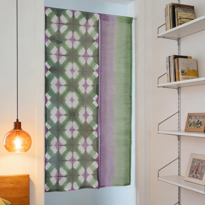 Plant-dyed linen noren 'Purple Green' — handmade Japanese doorway curtain with botanical motif.